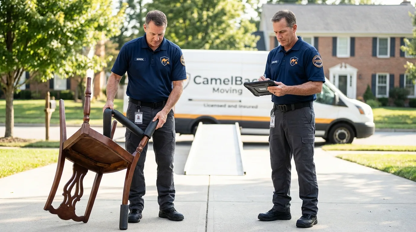 Movers inspecting furniture for damage prevention before loading in Fairhaven, MA