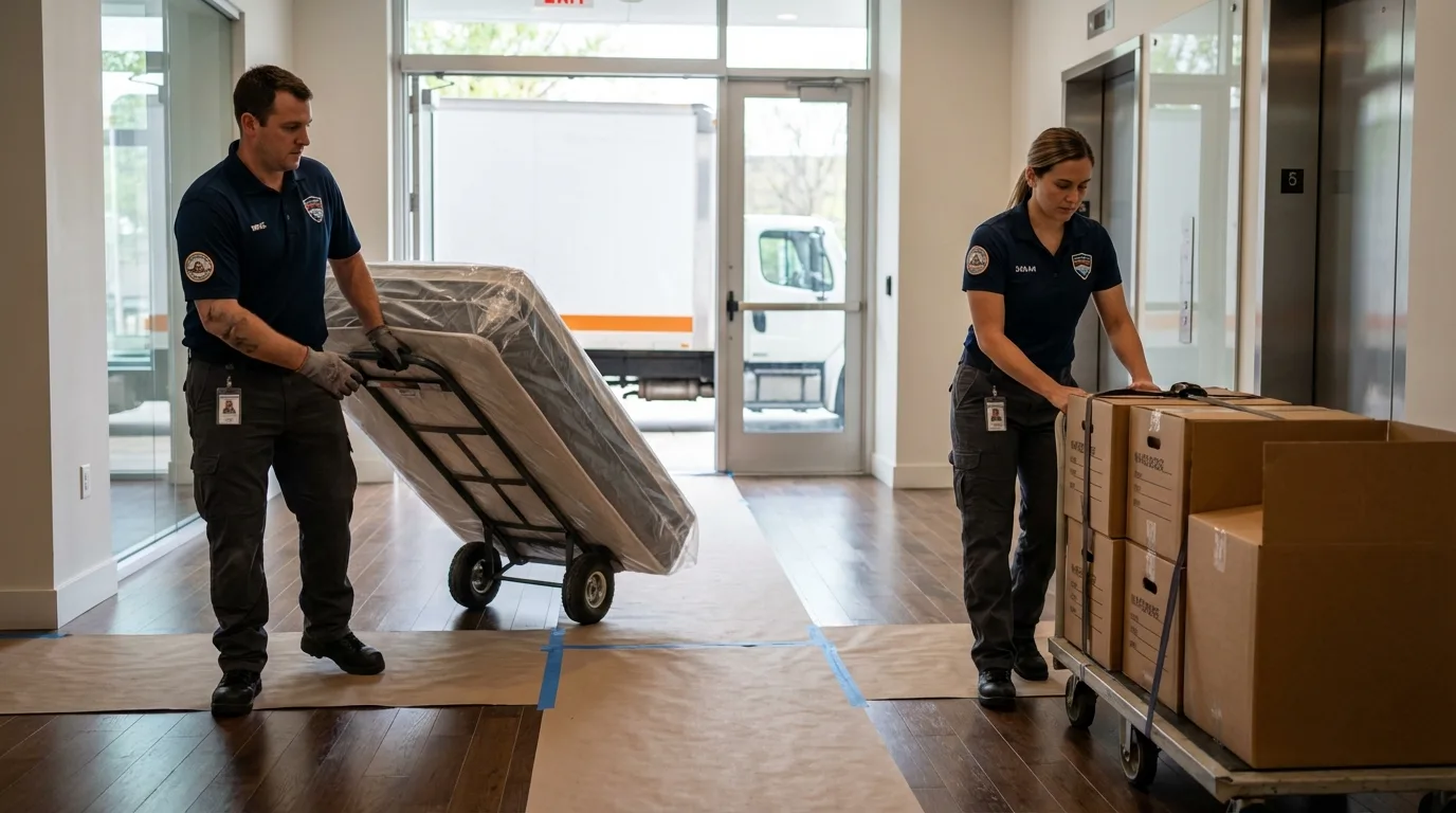 Professional apartment movers loading elevator in Fairhaven, MA