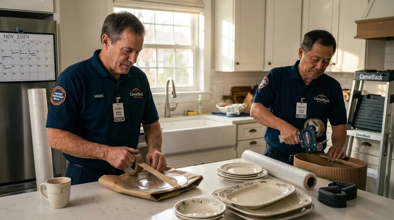 Professional crew packing kitchen dishware in Fairhaven, MA